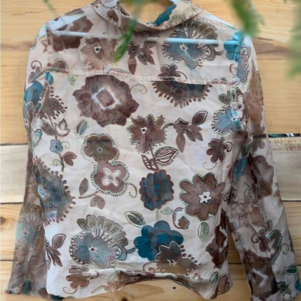 BAMBOO TRADERS | Flax Rayon Polyester Floral Sheer Lightweight Button-Up M - Picture 3 of 6